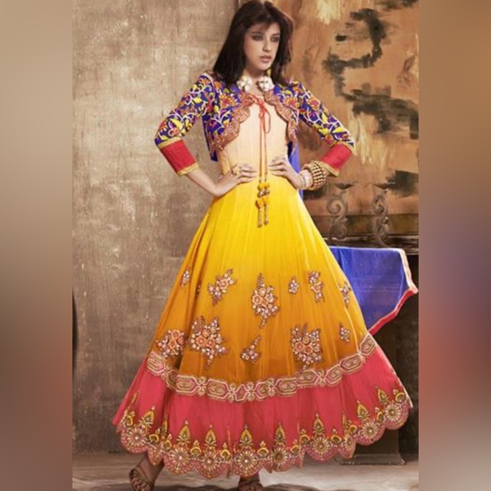 Yellow Blue Orange and Red embroidered Anarkali suit